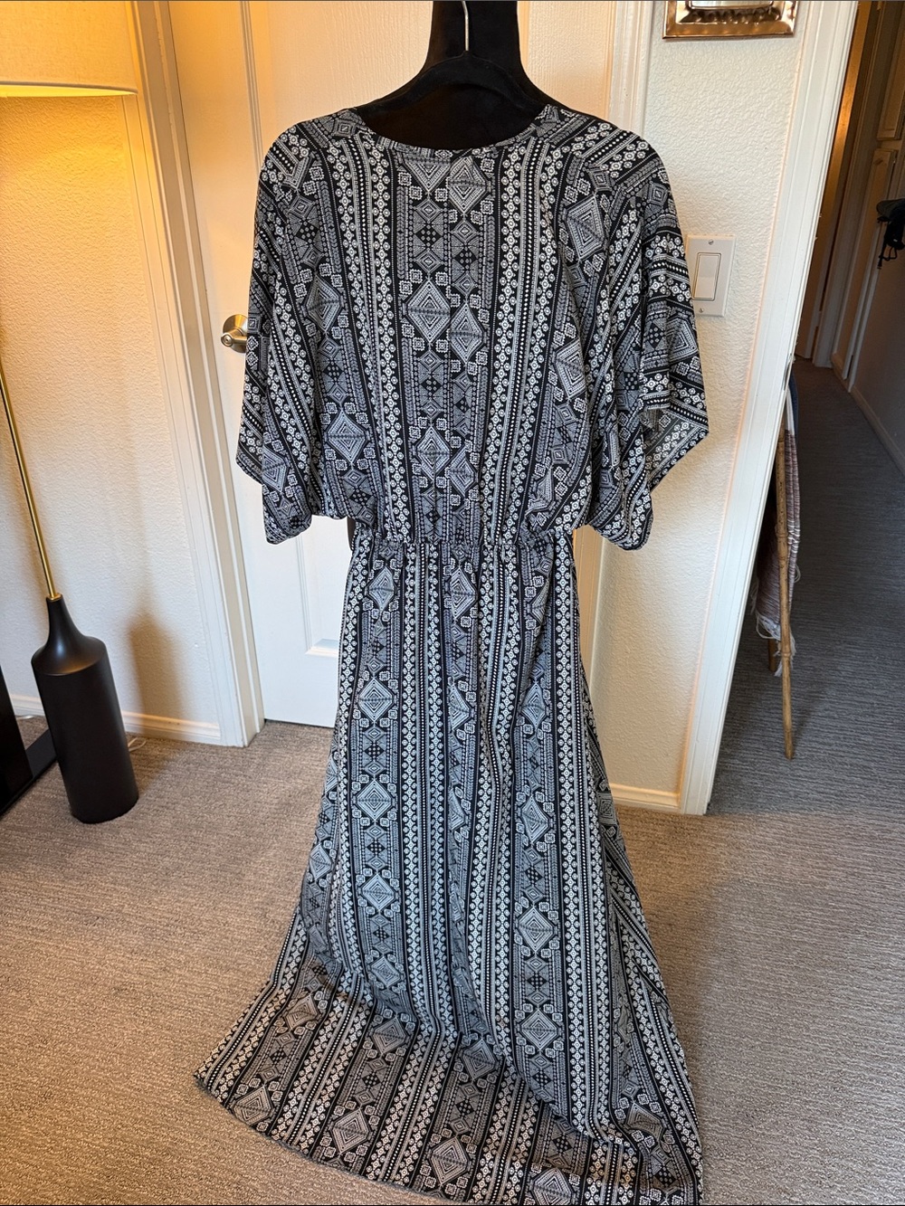 Elan Boho Black & White Maxi Dress with Tassel Tie - Picture 3 of 3